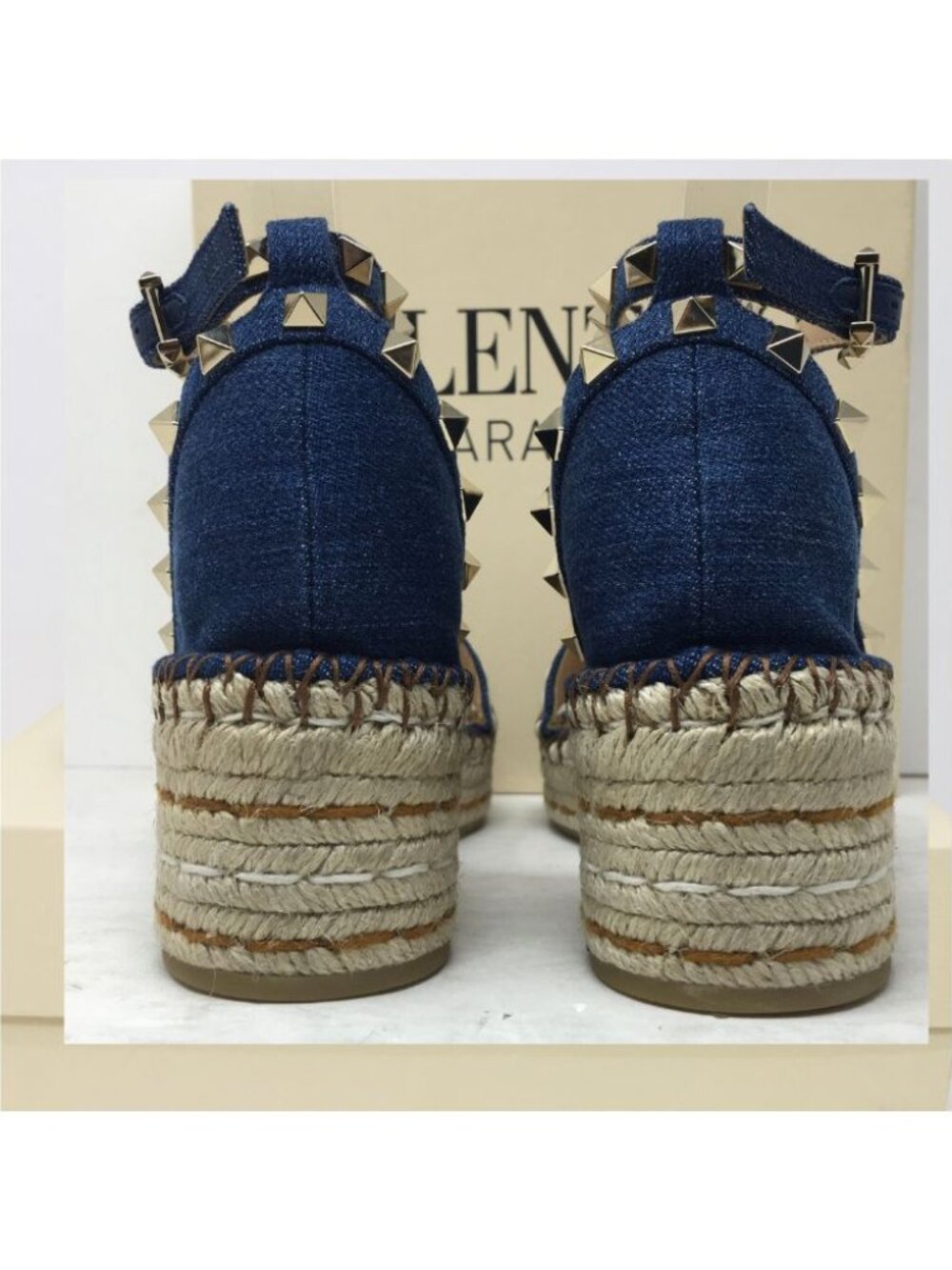 Valentino Garavani 55mm Rockstud Denim Wedge Sandals 8 M - Picture 7 of 11